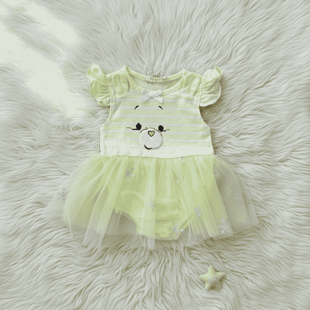 Light green baby dress with bear design on a fluffy white surface