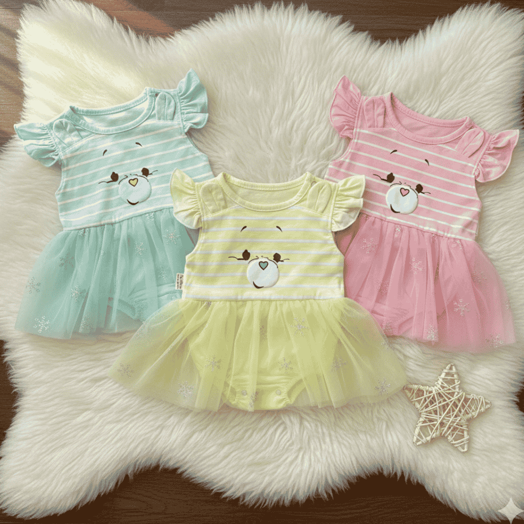 Three baby dresses in green, yellow, and pink on a fluffy white surface.