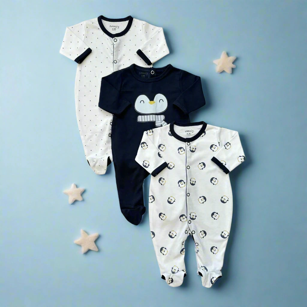 Sunnozy All Weather Pack Of 3 Footed Rompers (0-6M) | Soft Cotton Sleepsuits