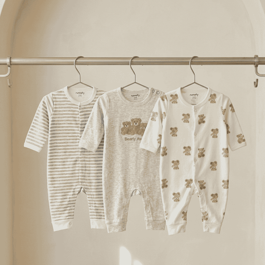 Sunnozy All Weather Pack Of 3 Rompers  | Soft Cotton Sleepsuits (Bear)