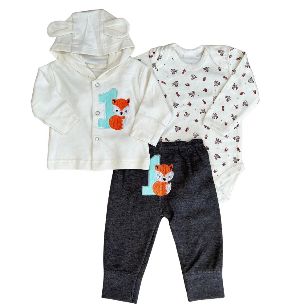Toddler Trio: Winter Ensemble with Hooded Jacket, Bodysuit & Trousers (Fox Set)