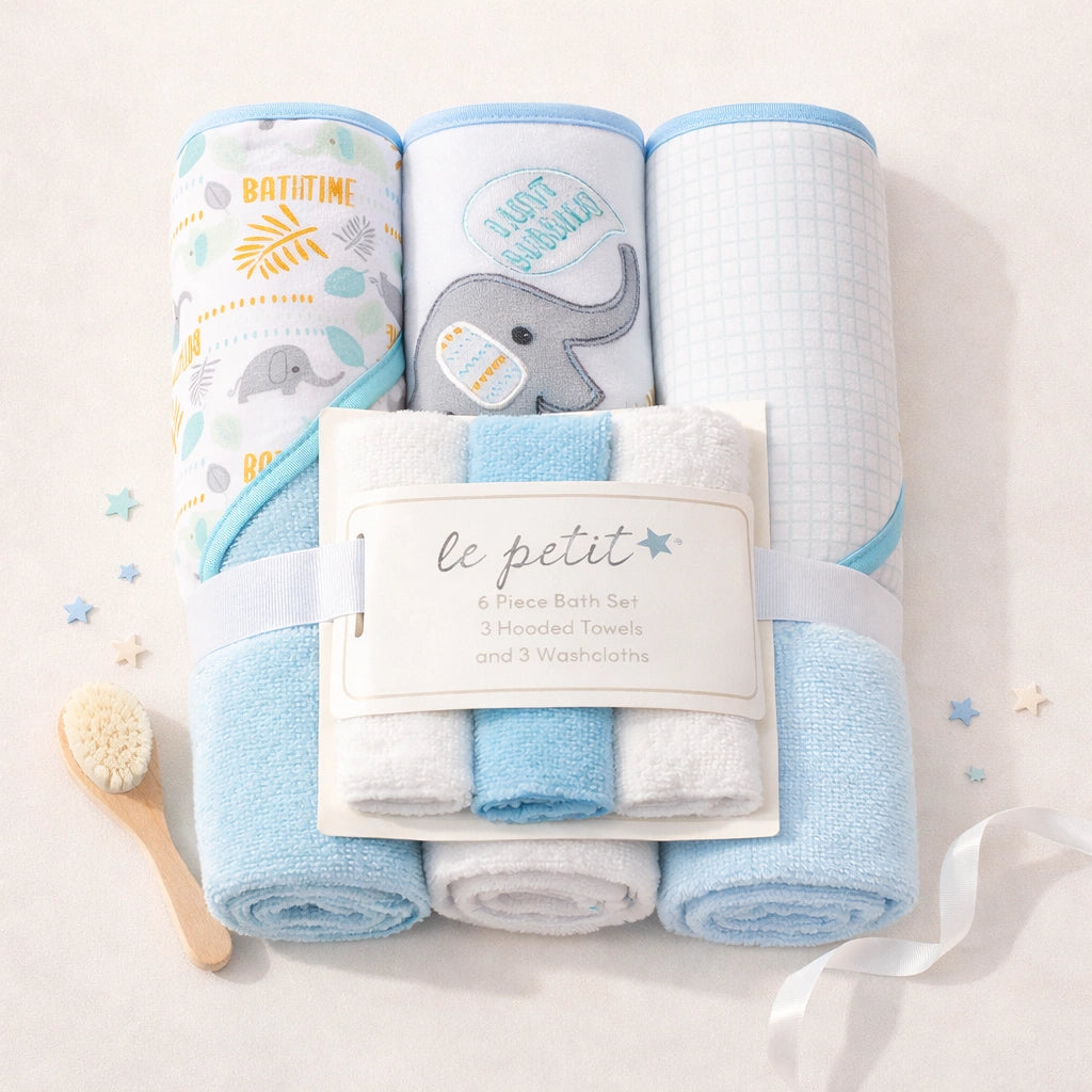 6-Piece Baby Bath Set - 3 Hooded Towels & 3 Washcloths (Le Petit)