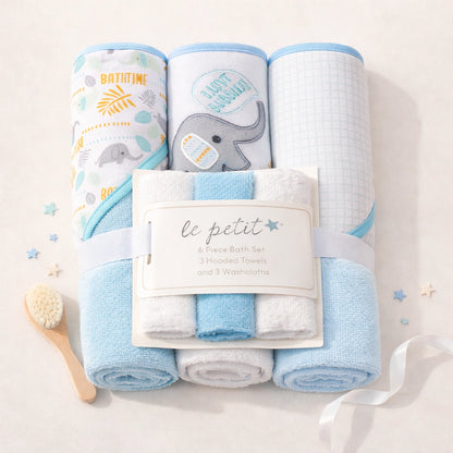 6-Piece Baby Bath Set - 3 Hooded Towels & 3 Washcloths (Le Petit)