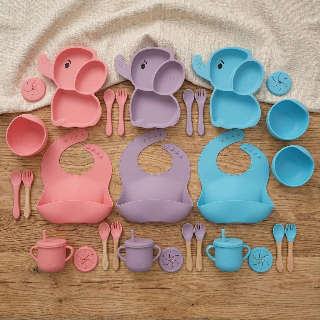 7-Piece Silicone Baby Feeding Set - Elephant Design (BPA Free)