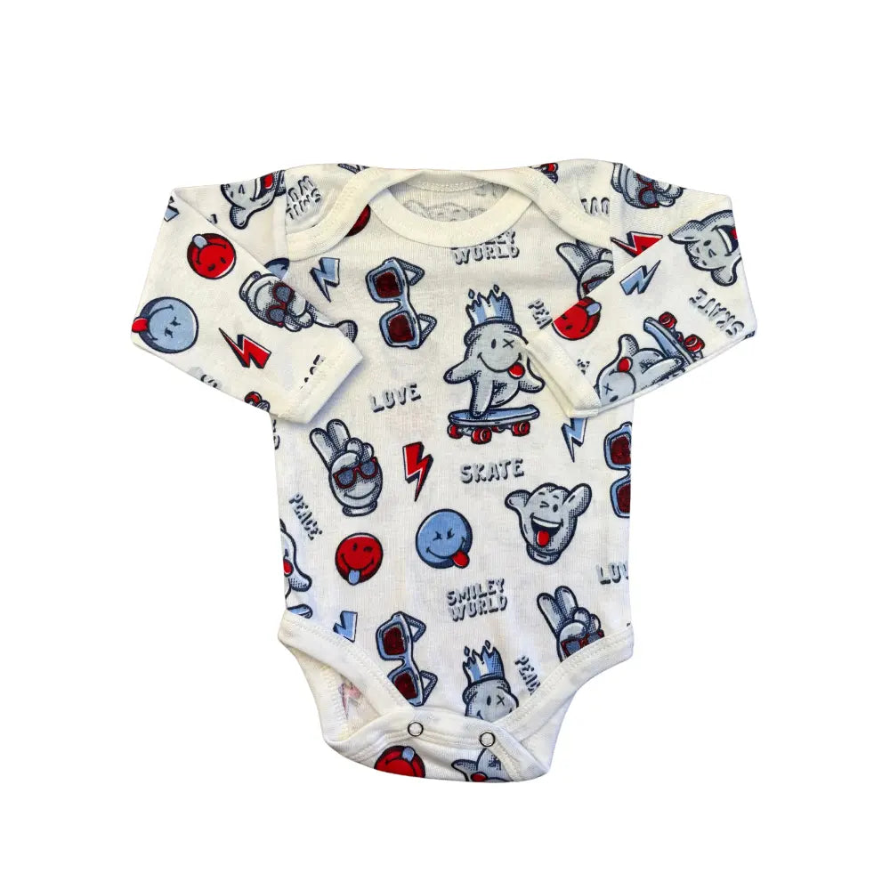 From Carter's, this pack of five unisex baby bodysuits features full sleeves and a comfortable cotton construction. These blue-themed onesies include designs with various cartoon emojis such as smiley faces, peace sign hands, and skateboards. The words "LOVE," "SKATE," and "SMILEY WORLD" are scattered among the playful designs.