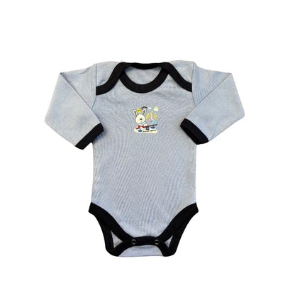 A delightful offering from Carter's, part of their Unisex Baby Full Sleeves Bodysuits Pack of 5 – Blue-Themed collection. This light blue baby onesie features long sleeves and stylish black trim around the neck, cuffs, and leg openings. Crafted from soft cotton to ensure maximum comfort, the design includes a charming embroidered cartoon animal and balloons on the chest. An ideal choice for adding a touch of fun to your baby's everyday wardrobe.