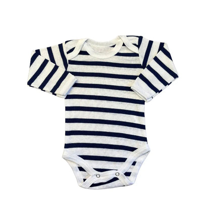 The Carter's Unisex Baby Full Sleeves Bodysuit from the Blue-Themed Pack of 5 features alternating navy blue and white horizontal stripes. This design includes snap closures at the bottom for easy diaper changes and an envelope neckline for effortless dressing, ensuring cotton comfort for your little one.