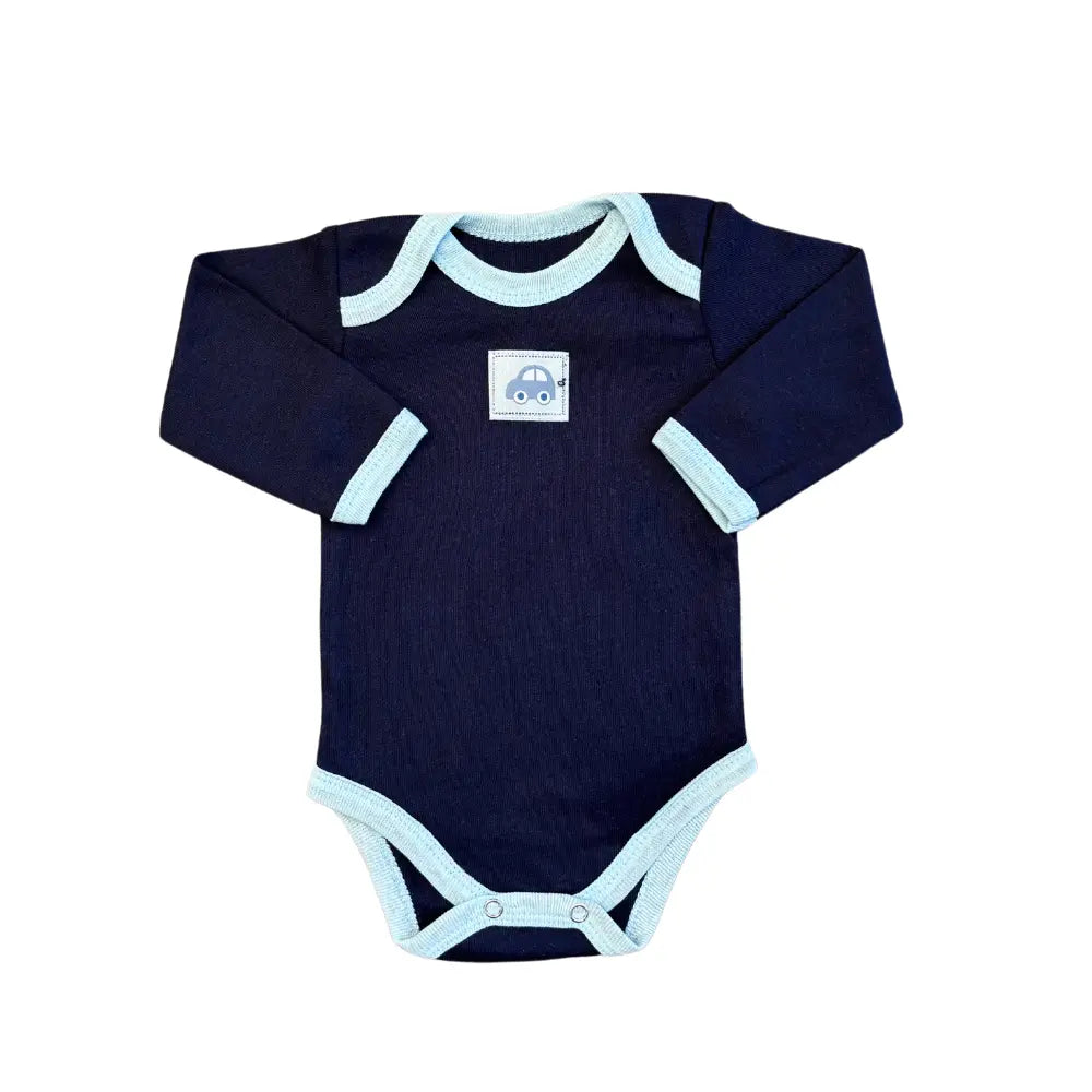 A unisex navy blue long-sleeve baby bodysuit from Carter's, part of the "Unisex Baby Full Sleeves Bodysuits Pack of 5 – Blue-Themed" collection. This charming design features light blue trim around the neck, cuffs, and leg openings, with a small car graphic on the chest. It includes practical snap closures at the bottom for easy changes and offers cotton comfort that will make it one of your baby's favorite bodysuits.