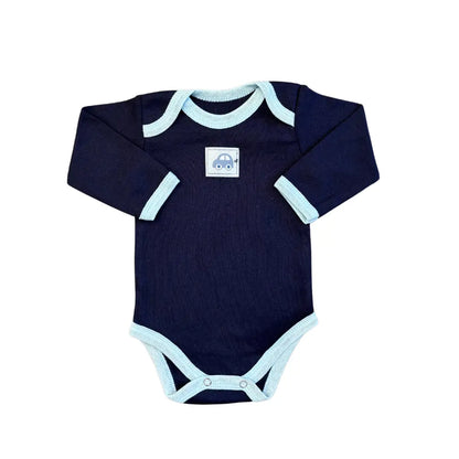 A unisex navy blue long-sleeve baby bodysuit from Carter's, part of the "Unisex Baby Full Sleeves Bodysuits Pack of 5 – Blue-Themed" collection. This charming design features light blue trim around the neck, cuffs, and leg openings, with a small car graphic on the chest. It includes practical snap closures at the bottom for easy changes and offers cotton comfort that will make it one of your baby's favorite bodysuits.