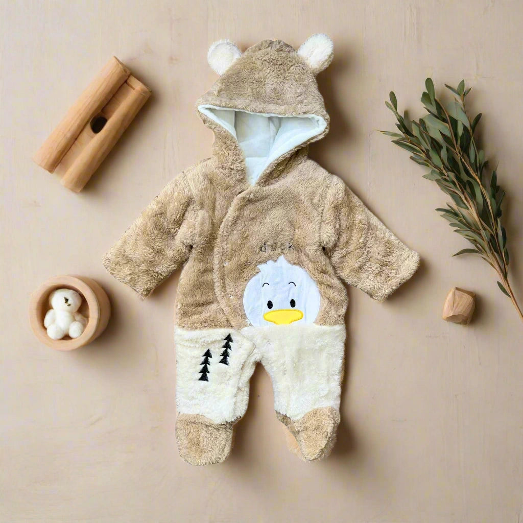 Children's snowsuit with cartoon duck face on a white background