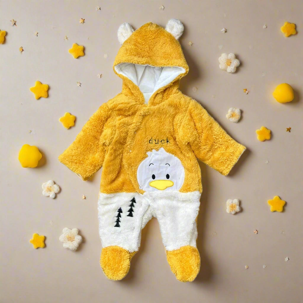 Yellow baby onesie with duck design on a white background