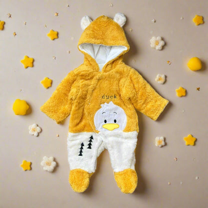 Yellow baby onesie with duck design on a white background