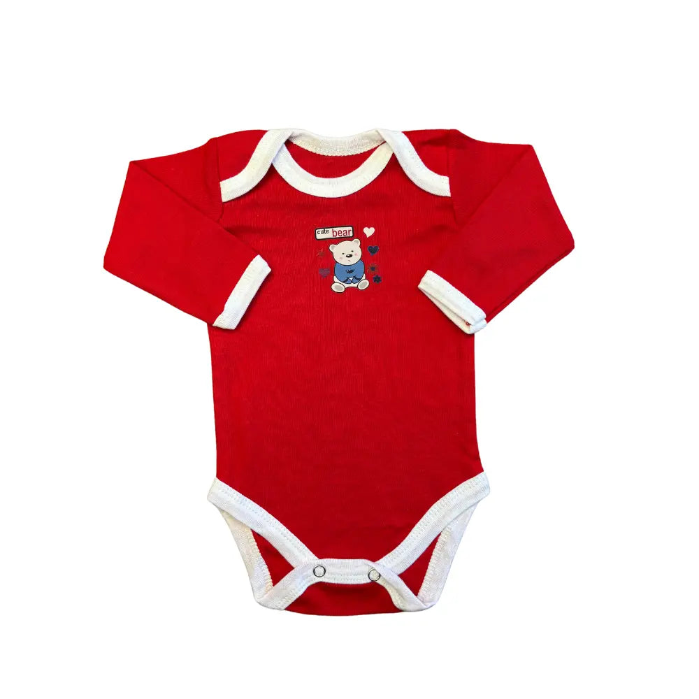 Introducing Carter's Unisex Baby Full Sleeves Bodysuit from the Red-Themed Pack of 5. This charming red long-sleeved onesie features white trim around the edges and a cute teddy bear design adorned with small hearts at the center. Designed for easy diaper changes with convenient crotch snaps, this durable and machine-washable bodysuit is perfect for any little one.