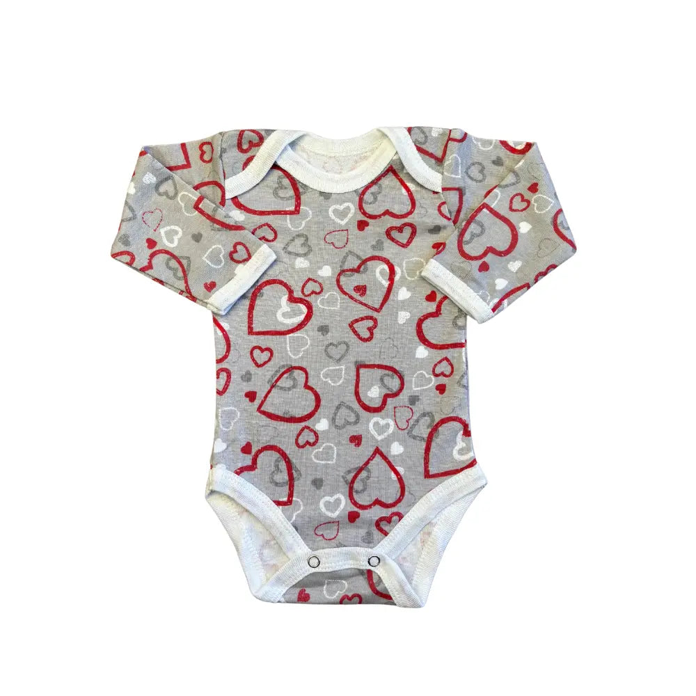 A grey long-sleeved unisex baby bodysuit from Carter's Pack of 5 Red-Themed Full Sleeves Bodysuits lies flat on a plain white background. Adorned with red, white, and dark grey heart patterns in various sizes, the onesie features white trim around the neck, sleeves, and leg openings and boasts a bold and gender-neutral design that is durable and machine washable.