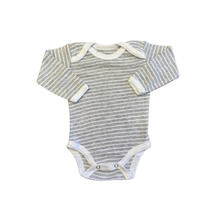 A long-sleeve, unisex baby bodysuit from Carter's, part of the Unisex Baby Full Sleeves Bodysuits Pack of 5 – Red-Themed collection. The onesie features gray and white horizontal stripes with white trim around the neckline, cuffs, and leg openings. It includes snap closures at the crotch for convenience and is designed to be durable and machine washable for easy care. Displayed flat against a plain white background.