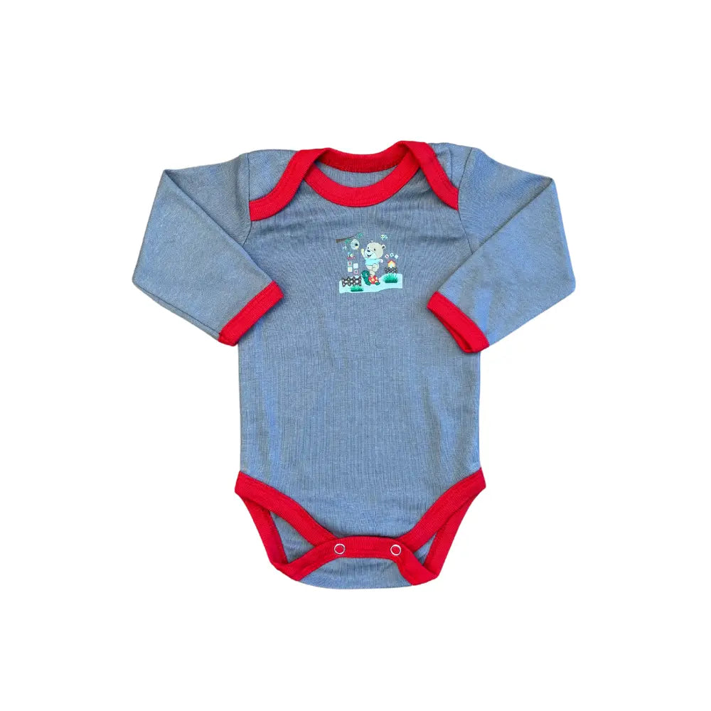 A long-sleeved unisex baby bodysuit from Carter's, included in the "Unisex Baby Full Sleeves Bodysuits Pack of 5 – Red-Themed". This light blue bodysuit features red trim around the neck, wrists, and leg openings. It showcases a small graphic of a playful robot with building blocks on the chest. Designed to be durable and machine washable, it also includes snap closures at the bottom for easy changing.