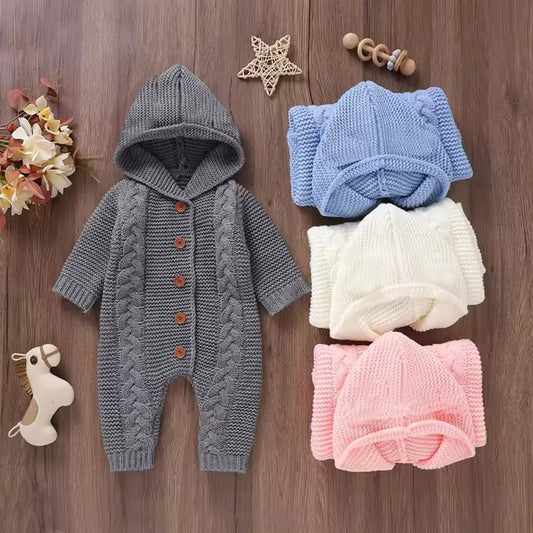 Baby Girl/Boy Knitted Pattern Hooded Jumpsuit