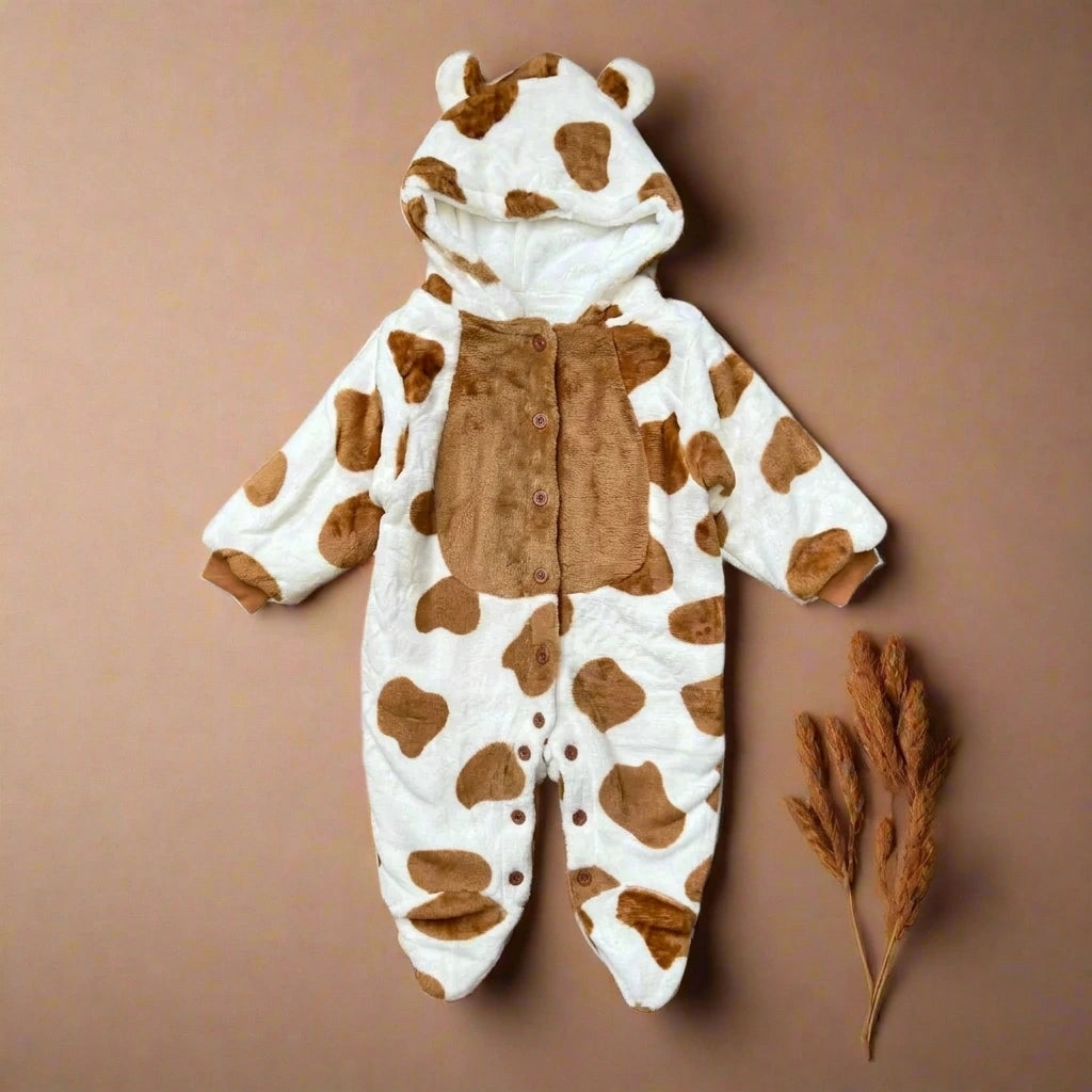 Unisex Cow Print Hooded Rompers | Plush Animal Onesie