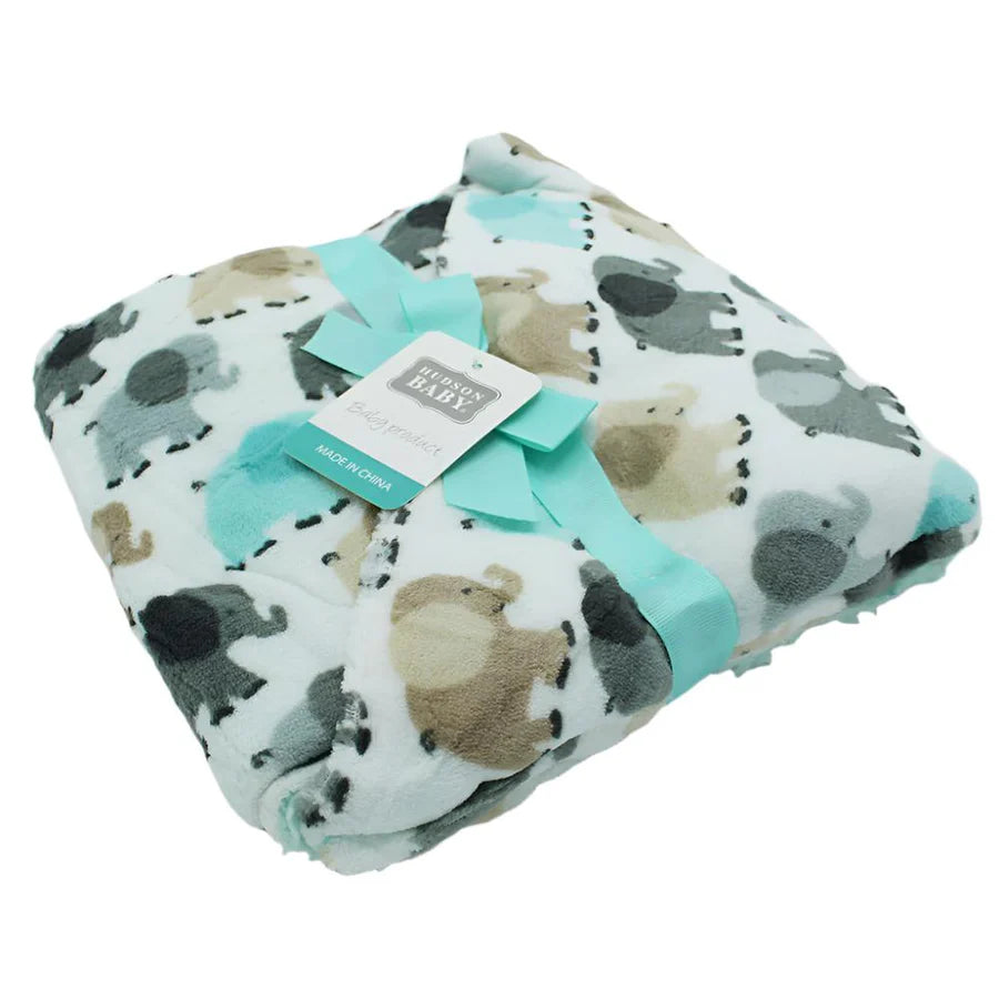 The Hudson High Quality Baby Plush Blanket by Hudson is a soft security blanket featuring a pattern of multicolored elephants in shades of green, brown, and gray. It is neatly folded and secured with a light blue ribbon and tag, making it the perfect baby gift for both comfort and style. Its dimensions are 36 by 30 inches.