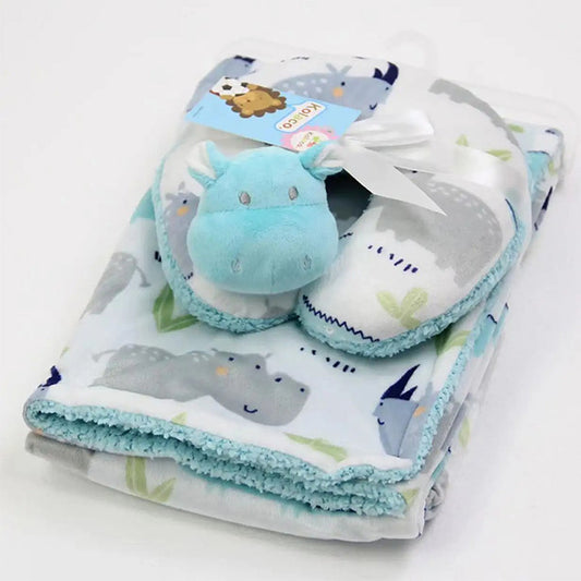 Cozy Polyester Fleece Neck Pillow and Plush Velvet Baby Blanket (Dinosaur Design)