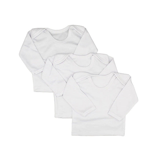 A set of three identical "Baby Full Sleeves Inner Vest" by alayajunior, neatly arranged in overlapping layers on a plain white background. Each vest features a simple round neckline and standard cuffs. The soft, plain fabric indicates comfort and simplicity for newborn baby wear in Pakistan.