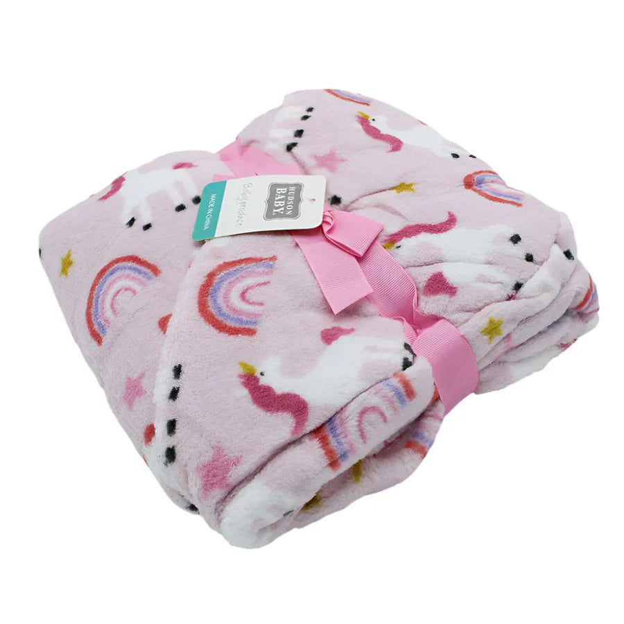 The Hudson High Quality Baby Plush Blanket, measuring 36x30 inches, features a soft design adorned with pink unicorns, rainbows, stars, and dots. It comes tied with a pink ribbon and labeled "Baby Soft Blanket," making it an ideal baby gift. This predominantly light pink security blanket from the Hudson brand is sure to add a touch of whimsy to any nursery.