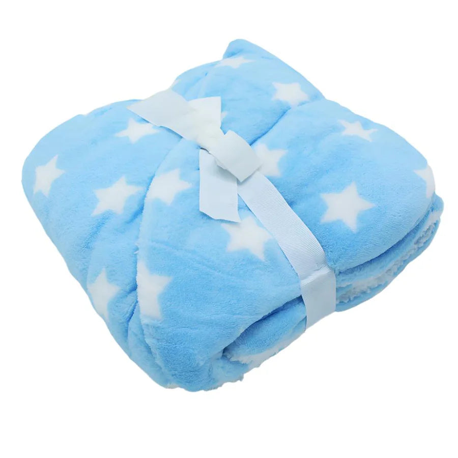 A folded fleece security blanket from Hudson, in light blue with white star patterns and tied with a white ribbon, makes an ideal baby gift. It's the Hudson High Quality Baby Plush Blanket, measuring 36 by 30 inches.