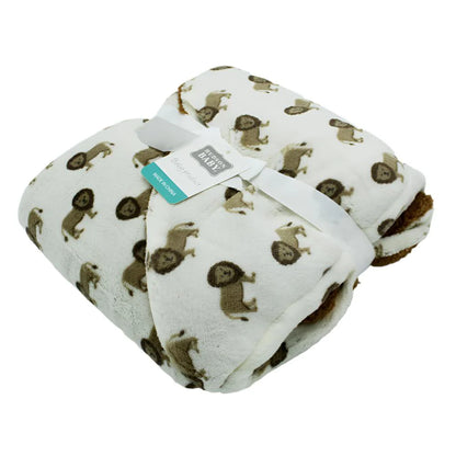 This Hudson High Quality Baby Plush Blanket, measuring 36 by 30 inches, makes a perfect baby gift. It is rolled up and tied with a white ribbon, featuring a playful print of brown lions on a white background. A small tag attached reads "Hudson.