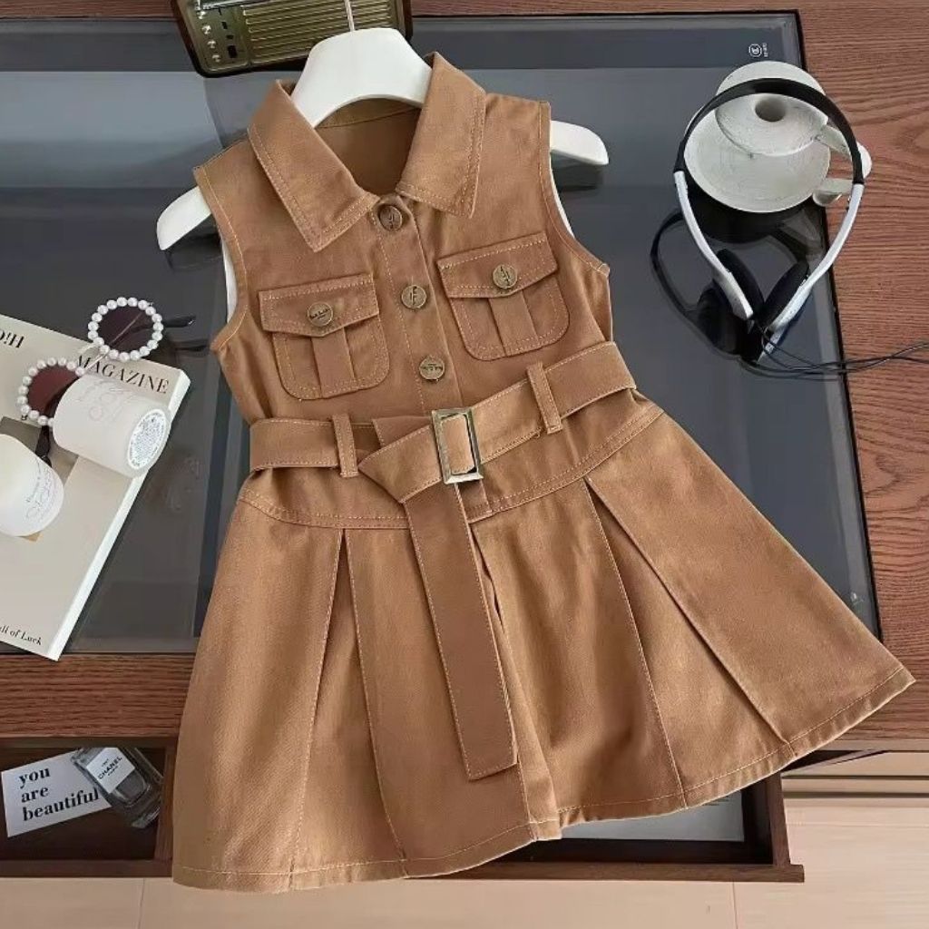 Baby/Toddler Girl Cotton Safari Frock| Ruffle Sleeves & Belted Design