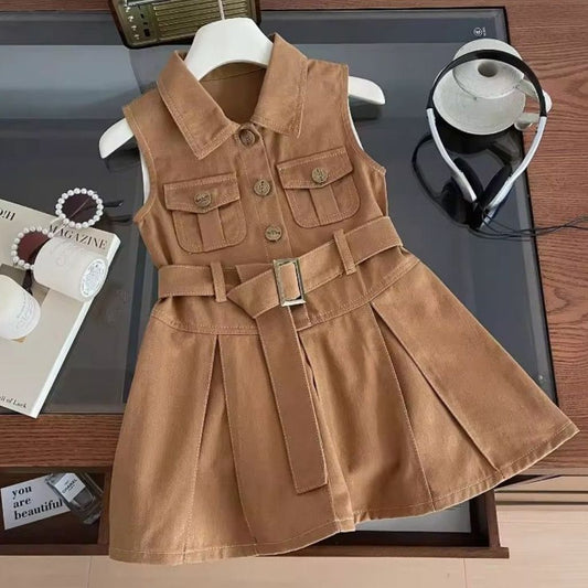 Baby/Toddler Girl Cotton Safari Frock| Ruffle Sleeves & Belted Design