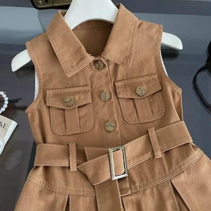 Baby/Toddler Girl Cotton Safari Frock| Ruffle Sleeves & Belted Design