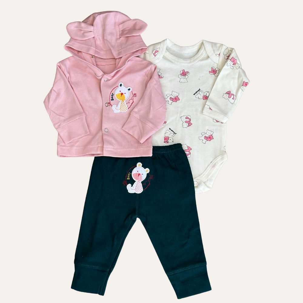 Toddler Trio: Winter Ensemble with Hooded Jacket, Bodysuit & Trousers (Pink Set)