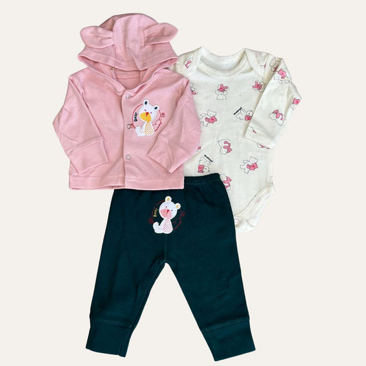 Toddler Trio: Winter Ensemble with Hooded Jacket, Bodysuit & Trousers (Pink Set)