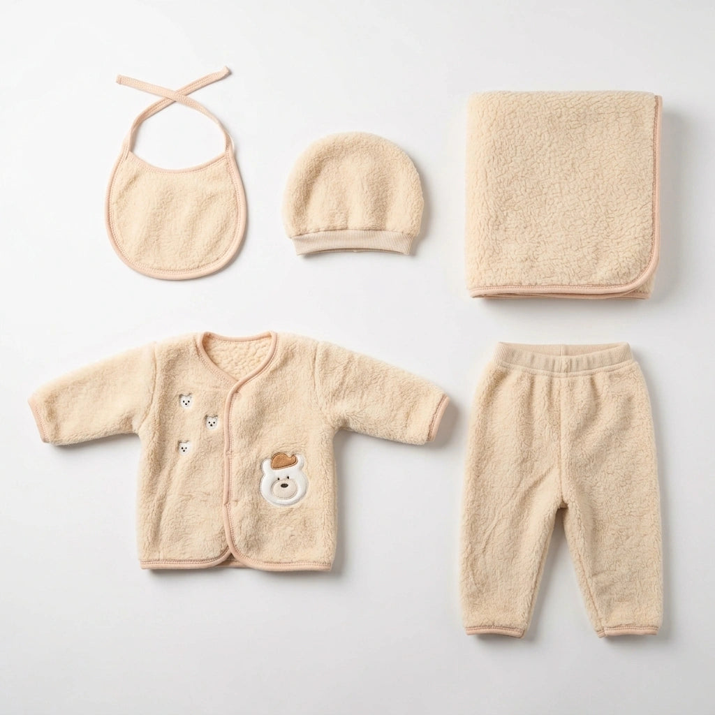 A 5-piece baby fleece clothing set in a soft cream-beige color, laid out neatly on a light gray background. The set includes a long-sleeve cardigan with a bear face patch, a pair of pants, a bonnet, a bib, and a folded blanket.