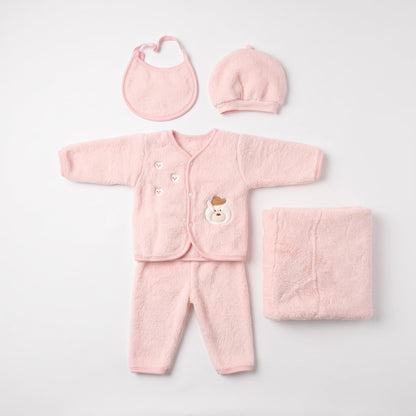 A baby fleece clothing set in light pink, including a long-sleeve cardigan, matching pants, a bib, a beanie, and a folded blanket, arranged on a light gray background.