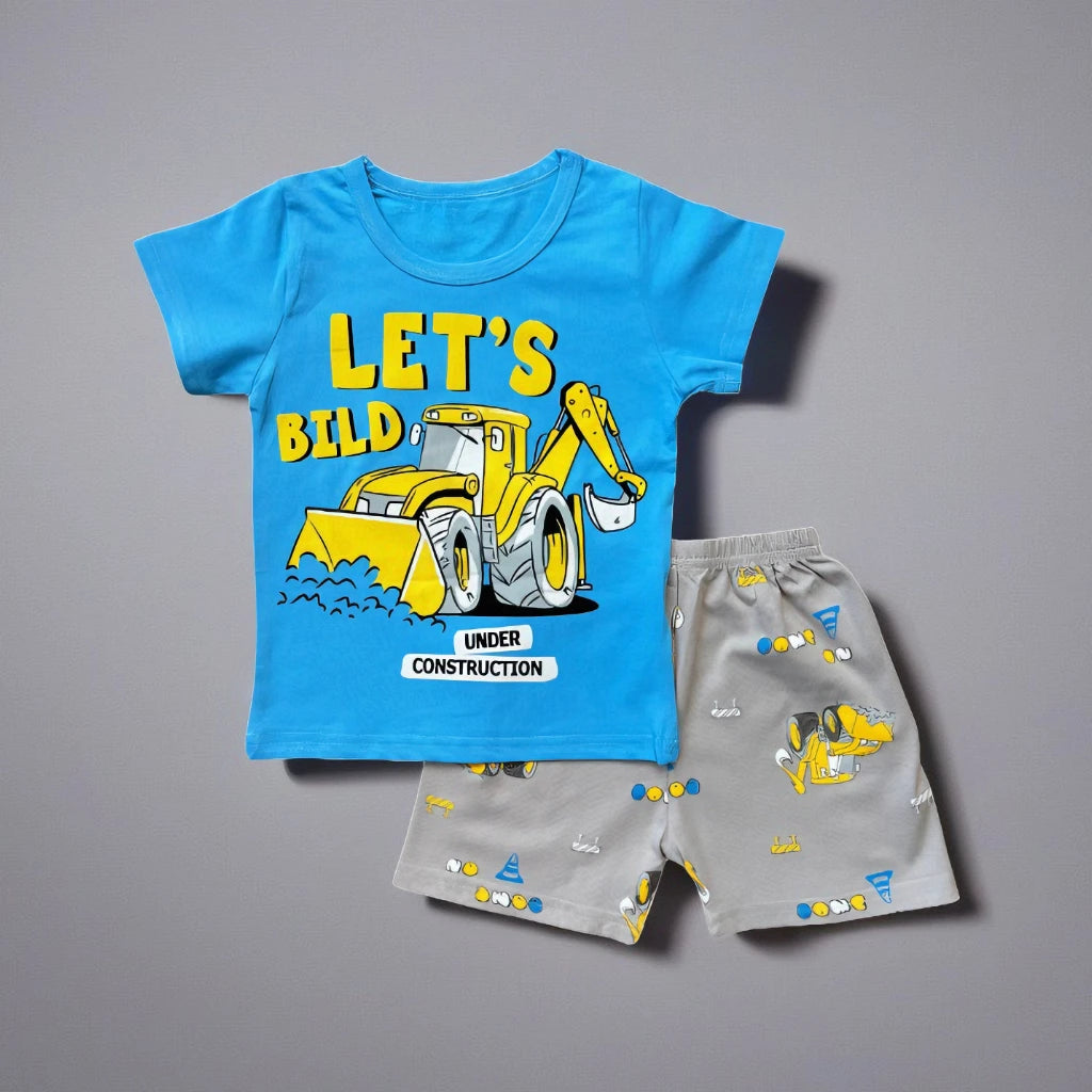 Baby Boys 2 Pcs Blue Construction Design Summer Short And Shirt Set