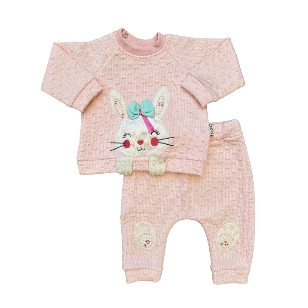 Pink baby outfit with bunny design on a white background