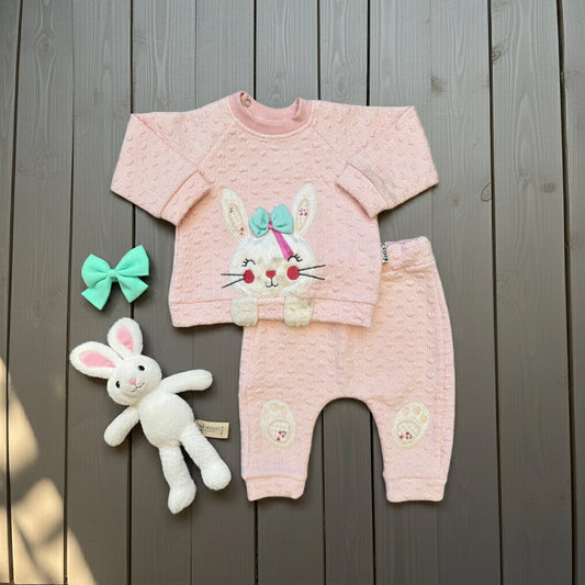 Pink baby outfit with bunny design on a wooden surface