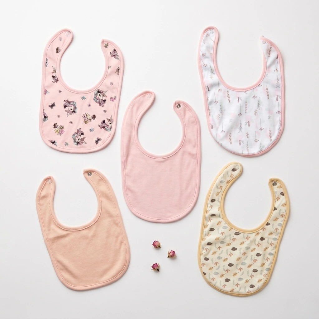 Set of five baby bibs with various patterns on a light gray background