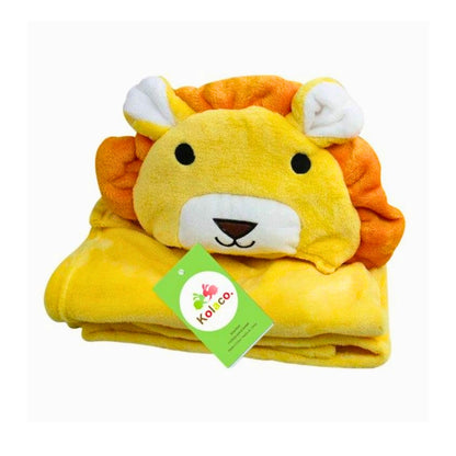 Yellow lion-shaped hooded towel with a green tag on a white background