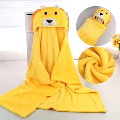 Yellow lion-shaped hooded towel with close-up details on a white background