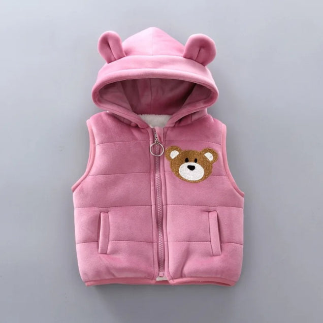 Introducing the Alaya Junior Warm Pink Furry Bear Fleece 3-Piece Set for Baby Girls: This delightful set includes a pink sleeveless hoodie featuring adorable bear ears on the hood and an embroidered bear face on the chest. The hoodie is designed with a front zipper and convenient front pockets, all crafted from ultra-soft fleece material for ultimate comfort.