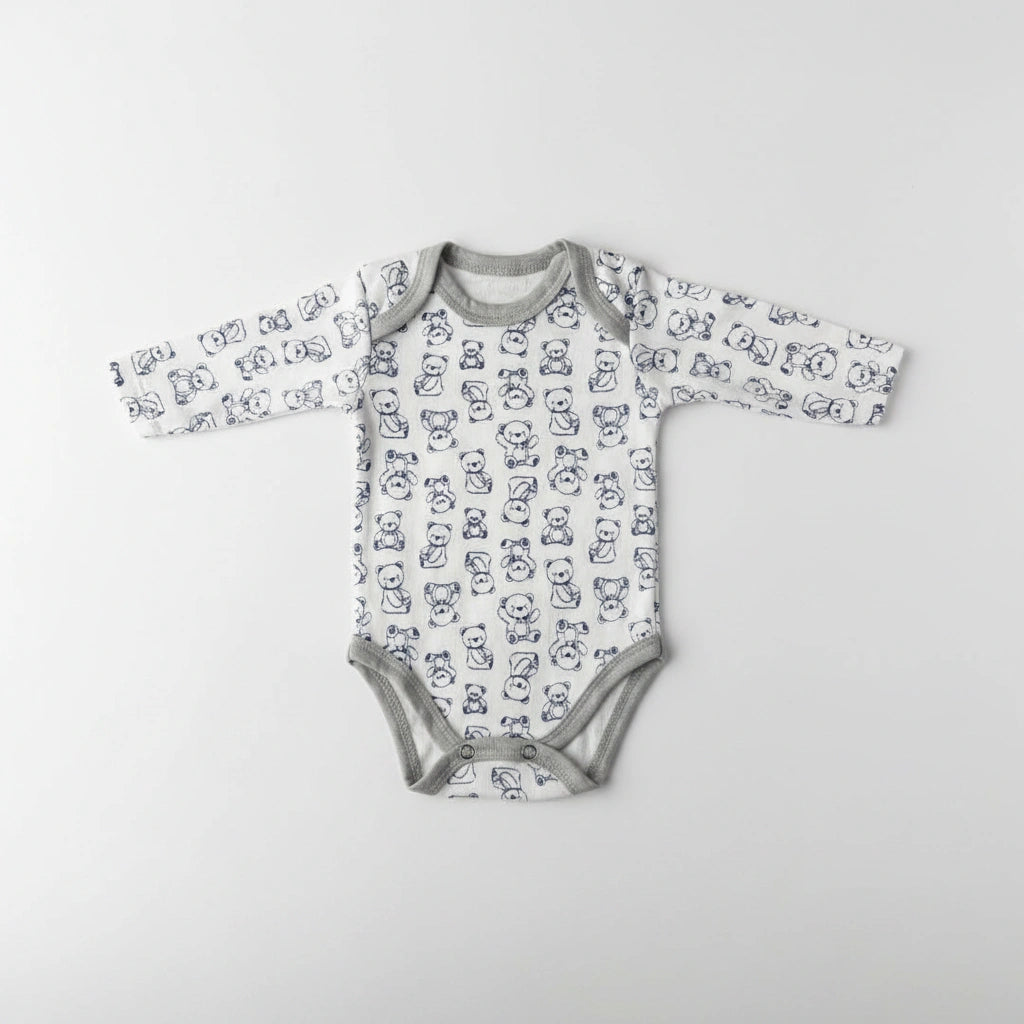 A long-sleeve baby bodysuit with an all-over navy blue sketch panda print on a white background, featuring gray ribbed trim at the collar, cuffs, and crotch.