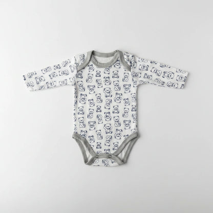 A long-sleeve baby bodysuit with an all-over navy blue sketch panda print on a white background, featuring gray ribbed trim at the collar, cuffs, and crotch.