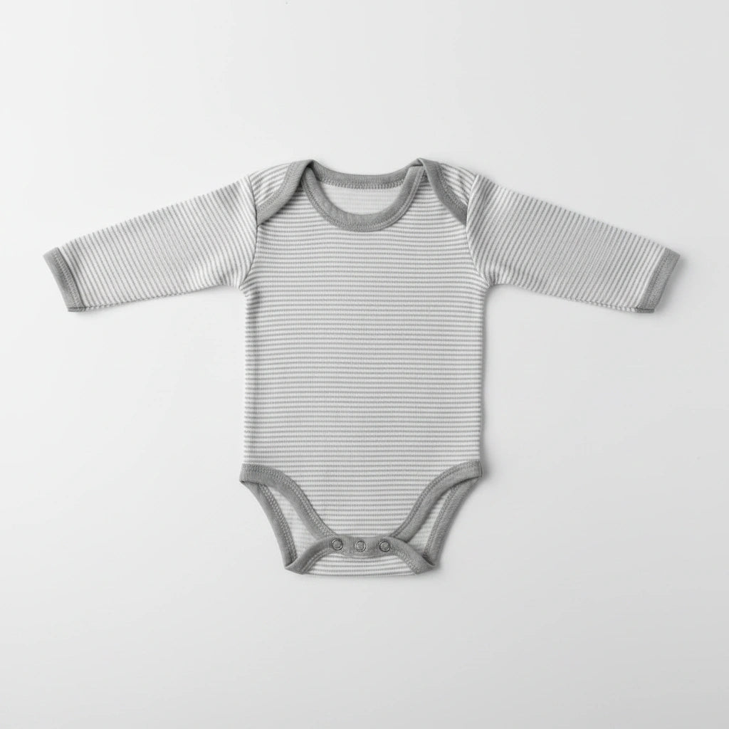 A long-sleeve baby bodysuit with thin gray and white horizontal stripes, featuring solid gray trim at the crew neck, cuffs, and crotch, laid flat on a light gray background.