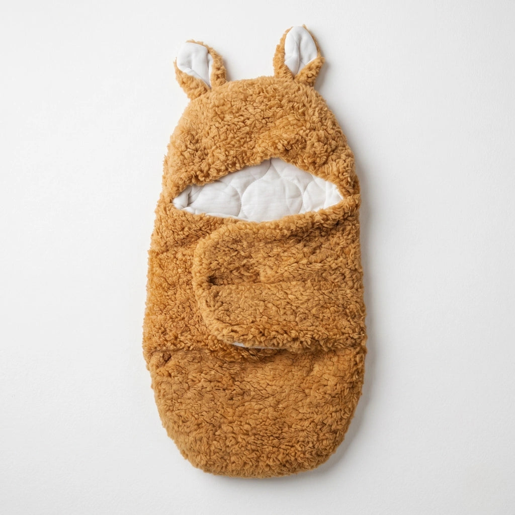 A plush baby swaddle wrap in a warm camel brown color, featuring a hood with upright bunny ears and a white inner lining, shown against a plain light gray background.