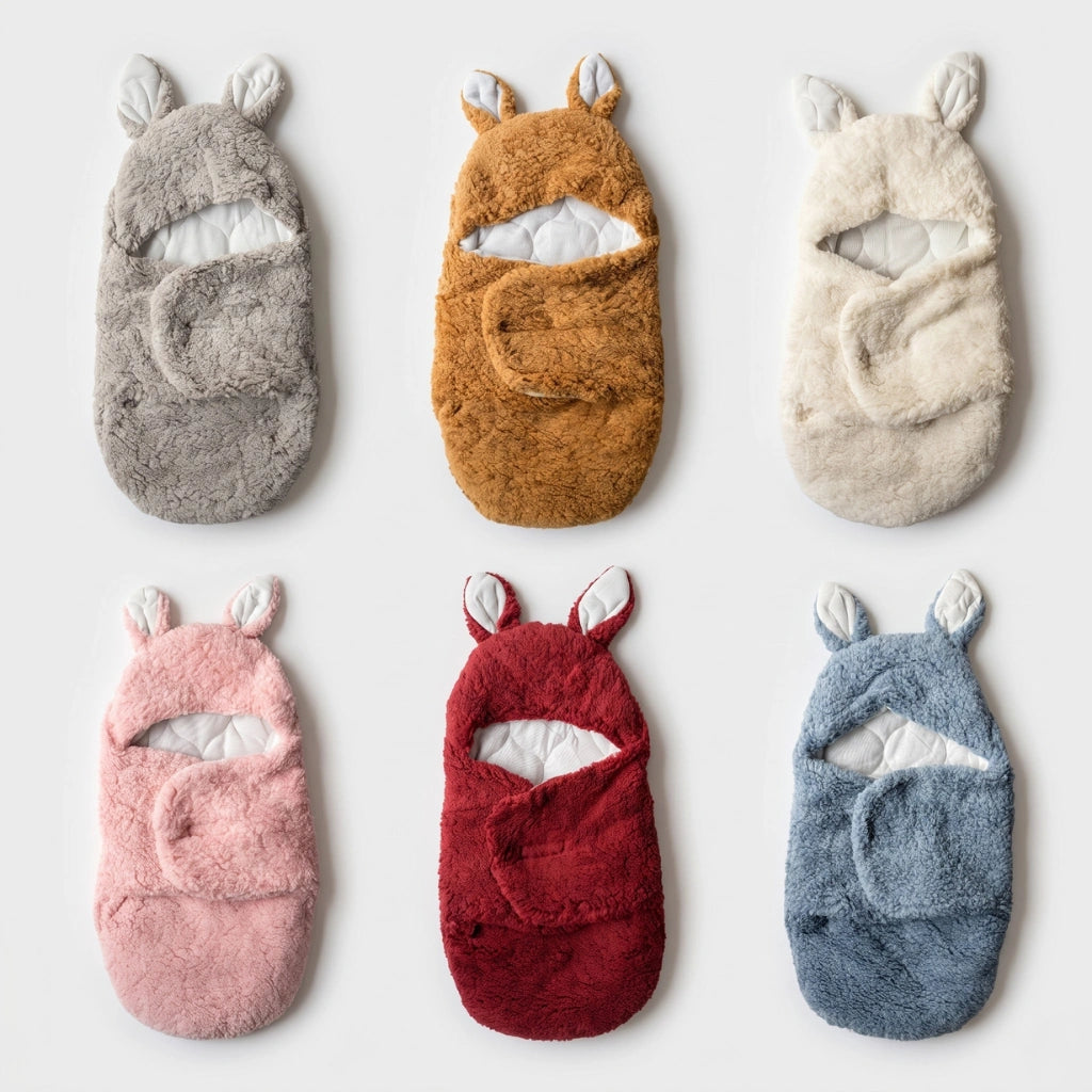 Six plush baby booties with bunny ears and hoods, shown in gray, camel brown, cream, pink, red, and blue on a light gray background.