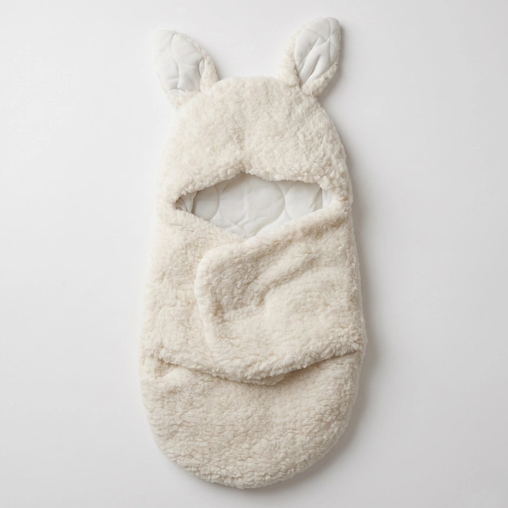 A cream-colored, plush fleece baby bootie with integrated bunny ears, shown flat on a light gray background.