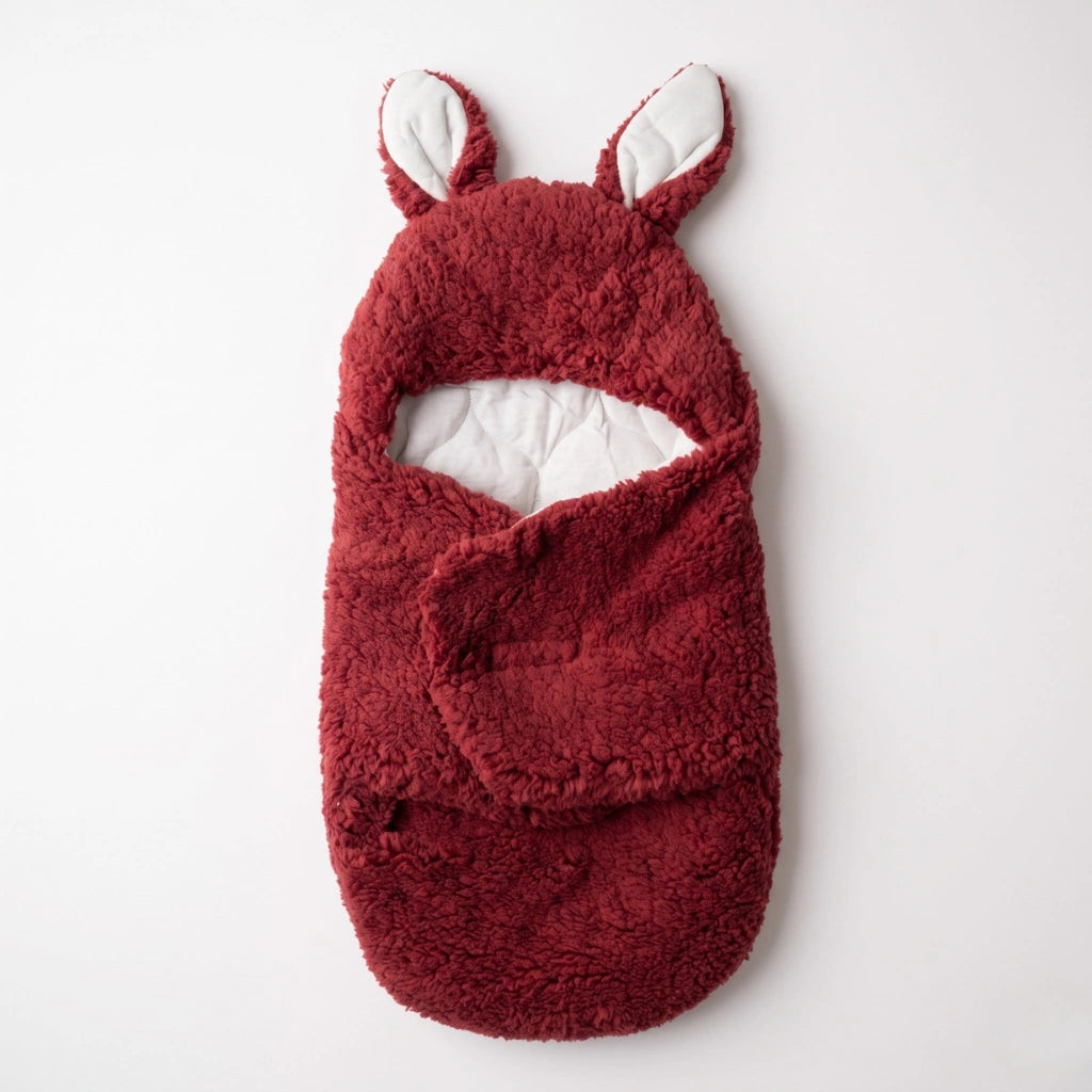 A plush baby swaddle wrap in deep burgundy red, featuring a hood with upright bunny ears and a white inner lining, shown on a clean white background.
