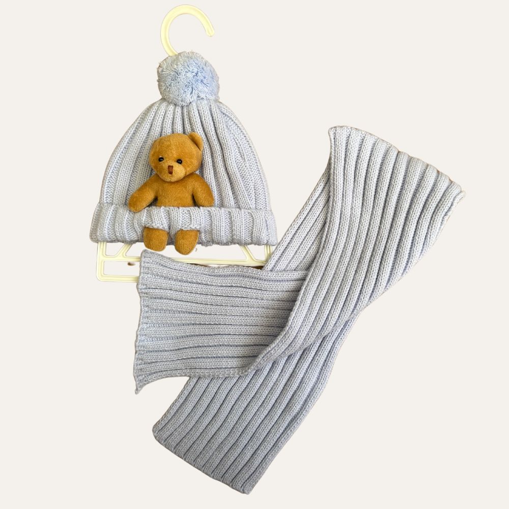 Cozy Baby Winter Set: Bear-Adorned Beanie and Warm Scarf Duo